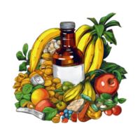 Sticker Style Healthy Food and Product Bottle on Png Background.