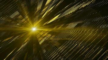 A glowing golden grid network of blinking digital data lights, particles and bright lens flare. Connectivity concept technology motion background. video