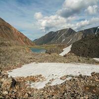 Spring square mountain landscape with icefall at large glacier in sunlight. Awesome scenery with glacial tongue in sunshine. Amazing alpine view to snow mountain top at very high altitude in sunny day photo