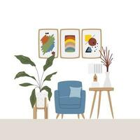 Relaxing and reading zone decorated with posters abstract art. Cute home interior scene with armchair and big houseplant. Cozy living room with home decor. Lounge hand drawn flat vector illustration