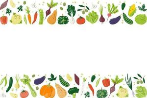 Horizontal banner composition with eco organic vegetables. Rectangle frame of various fresh veggies. Agricultural food background concept design. Hand drawn flat vector illustration with copy space