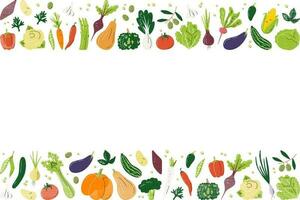 Horizontal banner composition with eco organic vegetables. Rectangle frame of various fresh veggies. Agricultural food background concept design. Hand drawn flat vector illustration with copy space