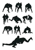 Set of realness silhouettes of sambo athletes in sambo wrestling, combat sambo, duel, fight, fistfight, struggle, tussle, brawl, jiu jitsu. Martial art, sportsmanship vector