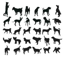 Sketch of black silhouettes of dogs in poses. Outline of pets go, standing, running, jumping, training, walking, guarding, posing, play, showing vector