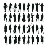 Vector feminine silhouettes of woman, women, female, maiden, lass, ladys, girls. Business women, entrepreneur, executive, fashionista, teacher, audience, students, girlfriends
