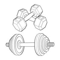 Set of Heavy sport dumbbell for gymnastics, outline sketch vector isolated with white background.