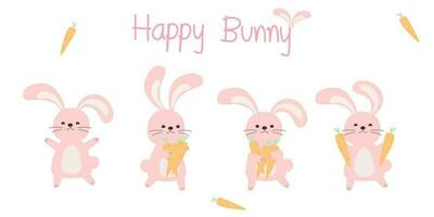 Isolated Cute bunny rabbit set. Baby  pink rabbit cartoon character Vector illustration flat design for decoration. Happy Rabbit holding carrots.