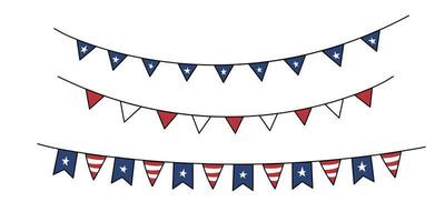 USA hanging flags vector set. Blue and red bunting, garland, streamer. Hand drawn doodle illustration. Decorative party banner with United States of America flag. Design elements for Independence Day