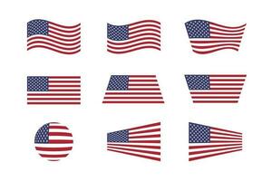 USA flags flat set. Vector illustration. Symbol of United States of America. Round, rectangular, waving flag isolated on white background