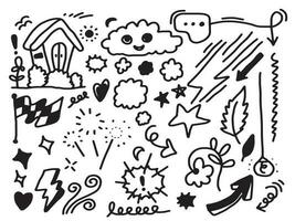 Hand drawn doodle design elements, black on white background. wind, thunderbolt, emphasis, Arrow, house, star, cloud. doodle sketch design elements vector
