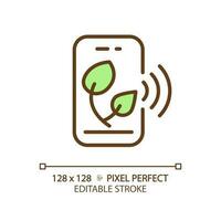 Smart farming app green RGB color icon. Digital agriculture. Farm management. IoT application. Planting advice. Isolated vector illustration. Simple filled line drawing. Editable stroke