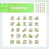 Seeding green RGB color icons set. Agricultural industry. Gardening business. Growing plants. Field sowing. Isolated vector illustrations. Simple filled line drawings collection. Editable stroke