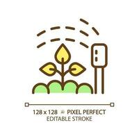 Watering green RGB color icon. Smart irrigation. Sprinkler system. Garden device. Soil moisture. Growing plants. Isolated vector illustration. Simple filled line drawing. Editable stroke