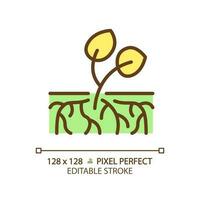 Rooting plant cutting green RGB color icon. Propagation method. Artificial reproduction. Spring growth. Young sprout. Isolated vector illustration. Simple filled line drawing. Editable stroke