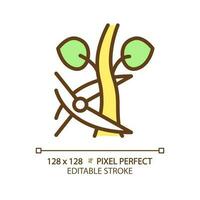 Pruning green RGB color icon. Removing unnecessary branches. Tree trimming. Plant growth. Garden shear. Farming tool. Isolated vector illustration. Simple filled line drawing. Editable stroke