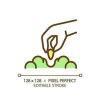 Sowing green RGB color icon. Putting seed in soil. Growing plant. Agricultural process. Gardening season. Organic farming. Isolated vector illustration. Simple filled line drawing. Editable stroke