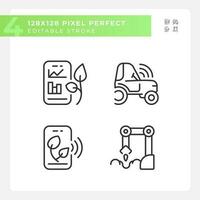 Agricultural technologies linear icons set. Modern farming. Farm equipment. Agritech startup. Customizable thin line symbols. Isolated vector outline illustrations. Editable stroke