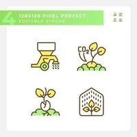 Plant development green RGB color icons set. Growing process. Seedling growth. Sustainable agriculture. Isolated vector illustrations. Simple filled line drawings collection. Editable stroke