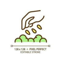 Seeding green RGB color icon. Direct planting. Eco friendly farming. Vegetable garden. Soil preparation. Propagation method. Isolated vector illustration. Simple filled line drawing. Editable stroke