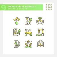 Future farming green RGB color icons set. Modern agriculture. High tech. Artificial intelligence. Smart farms. Isolated vector illustrations. Simple filled line drawings collection. Editable stroke