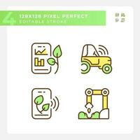 Agricultural technologies green RGB color icons set. Modern farming. Farm equipment. Agritech startup. Isolated vector illustrations. Simple filled line drawings collection. Editable stroke