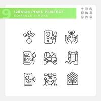 Future farming linear icons set. Modern agriculture. High tech. Artificial intelligence. Smart farms. Customizable thin line symbols. Isolated vector outline illustrations. Editable stroke