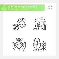 Gardening linear icons set. Growing healthy plants. Regenerative agriculture. Farming techniques. Customizable thin line symbols. Isolated vector outline illustrations. Editable stroke