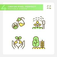 Gardening green RGB color icons set. Growing healthy plants. Regenerative agriculture. Farming techniques. Isolated vector illustrations. Simple filled line drawings collection. Editable stroke