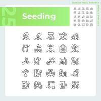 Seeding linear icons set. Agricultural industry. Gardening business. Growing plants. Field sowing. Customizable thin line symbols. Isolated vector outline illustrations. Editable stroke