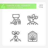 Plant development linear icons set. Growing process. Seedling growth. Sustainable agriculture. Customizable thin line symbols. Isolated vector outline illustrations. Editable stroke