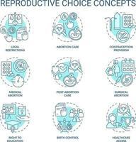 Reproductive choice turquoise concept icons set. Female empowerment. Sexual health. Social justice. Birth control. Women right idea thin line color illustrations. Isolated symbols. Editable stroke vector