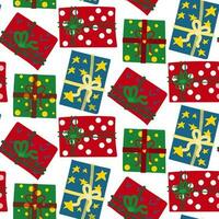 Pattern with gift boxes, top view. Seamless background of hand-drawn doodles highlighted on a white background. Colorful textiles in wrapping paper. The concept of shopping on sale Birthday, Christmas vector