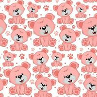 Seamless pattern with pink bears of different sizes. Cartoon cute bears on a white background with pink paw prints. Printing on textiles and paper. Gift wrapping for the holiday vector