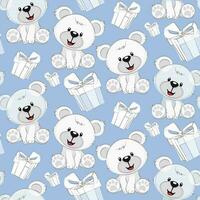 Seamless pattern with white bears of different sizes. Cartoon cute bears on a blue background with white gifts. Printing on textiles and paper. Gift wrapping for the holiday vector