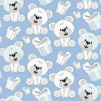 Seamless pattern with white bears of different sizes. Cartoon cute bears on a blue background with white gifts. Printing on textiles and paper. Gift wrapping for the holiday vector