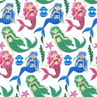 Seamless children's pattern with cute colored mermaids and sea elements. Pink, green, blue is the main color. Seashell, starfish, seaweed. Cartoon background. Ideal for fabric, textiles, packaging vector