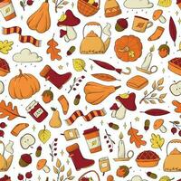 Autumn and Thanksgiving seamless pattern with sketched colorful doodles for wallpaper, textile prints, holiday decor, wrapping paper, towels, scrapbooking, backgrounds, etc. EPS 10 vector