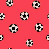 Seamless pattern with soccer balls on a green field. Hand-drawn football balls and soccer striped grass field. Vector illustration for the design of sports posters, banners and design