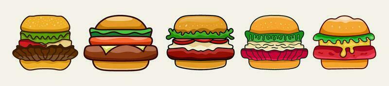 Set of vector burger delicious and artistic fast food with bold line. Hand drawn hamburger logo template.