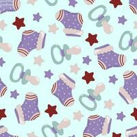 Seamless pattern with colorful baby icons. With the image of a sock, pacifier and stars. In a hand-drawn style, in pastel colors, on a blue background. Also for printing on paper and fabric. vector