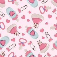 Seamless pattern with baby icons.  With the image of a hat, a pin, a baby bottle and hearts. Drawn style. In color, in pastel colors, on a pink background. Also for printing on paper and fabric. vector