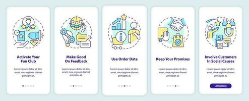 Customer engagement methods onboarding mobile app screen. Walkthrough 5 steps editable graphic instructions with linear concepts. UI, UX, GUI template vector