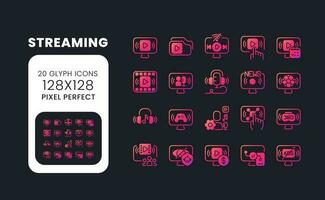 Streaming pink solid gradient desktop icons. Live video. Digital content. Broadcasting technology. Pixel perfect 128x128, outline 4px. Glyph pictograms kit for dark theme. Isolated vector images