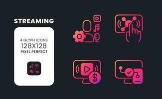 Streaming pink solid gradient desktop icons. Live interactive content. Digital marketing. Smart TV. Pixel perfect 128x128, outline 4px. Glyph pictograms kit for dark theme. Isolated vector images