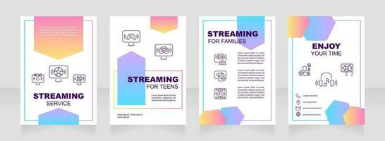 Streaming service multicolor premade brochure template. Digital marketing. Live TV. Online entertainment booklet design with icons, copy space. Editable 4 layouts vector