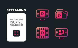 Streaming pink solid gradient desktop icons. Media content. Live tv. Online broadcasting platform. Pixel perfect 128x128, outline 4px. Glyph pictograms kit for dark theme. Isolated vector images