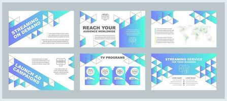 Streaming on demand presentation templates set. Video content library. Subscription based. Internet TV. Ready made PPT slides on white background. Graphic design vector
