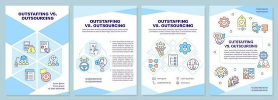 Outstaffing vs outsourcing blue brochure template. Recruitment. Leaflet design with linear icons. Editable 4 vector layouts for presentation, annual reports