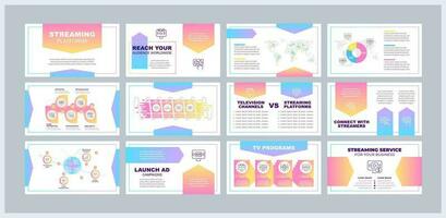 Streaming platforms presentation templates set. Video distribution network. Online media. Live TV. Ready made PPT slides on white background. Graphic design vector