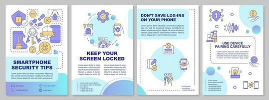 Smartphone security tips blue brochure template. Protect phone. Leaflet design with linear icons. Editable 4 vector layouts for presentation, annual reports